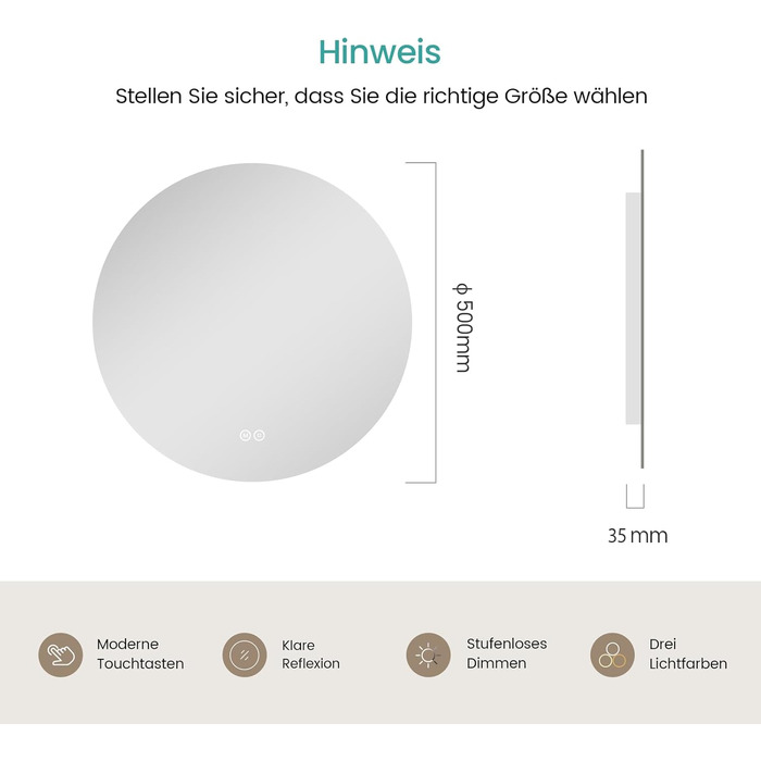 Круглий дзеркало для ванної кімнати EMKE з підсвіткою 80 см – дзеркало з 3 кольорами світла, регулюванням яскравості, сенсорним керуванням, функцією пам'яті, енергозберігаюче – дзеркало для ванної кімнати та настінне дзеркало (50x50 см)