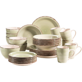 MÄSER 931616 Bel Tempo II 30-piece Vintage Dinnerware Set for 6, hand-painted ceramic combination service in green, stoneware