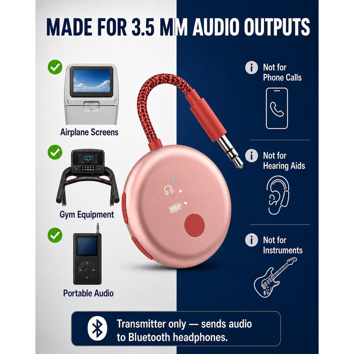 Bluetooth-адаптер для літака Avantree SoundJet R1 для AirPods та бездротових навушників, 25 годин роботи, рожевий