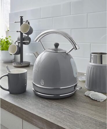 Swan Retro Electric Kettle - 1.8L, Vintage Design, Automatic Shut-Off, Cordless, BPA-Free Stainless Steel, 3000W, Grey