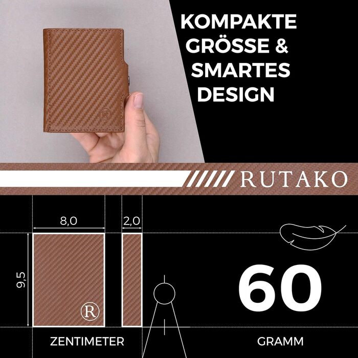RUTAKO Slim Wallet with RFID Protection - Card Holder for Men & Women - Small Credit Card Wallet - Mini Purse - Small Wallet/Cardholder - Carbon Cognac