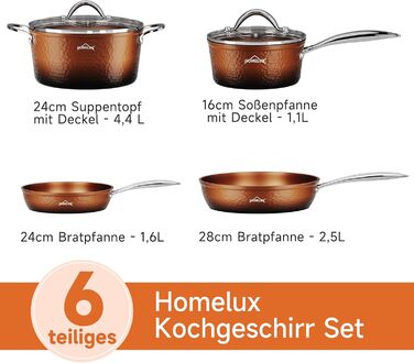 Набір каструль і сковорідок HOMELUX 6 предметів, індукційні з кришками, антипригарне покриття, кований посуд для всіх типів плит, колір мідний