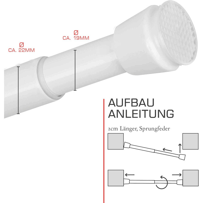 Телескопічна штанга для душу без свердління, 140-260 см, регульована – штанга для карнизів, що кріпиться без свердління, протиковзна, для душу, біла