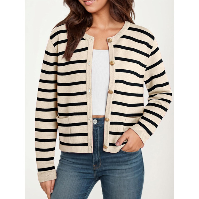 Жіноча коротка в'язана жилетка з двома кишенями на ґудзиках, смугаста, повсякденний осінній кардиган з круглим вирізом, модний в'язаний пуловер (L, Абрикосовий)