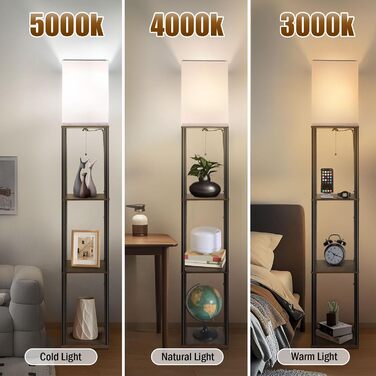 Сучасна торшер BBHome з полицею, регульоване LED освітлення 3 кольорів, 9W, для вітальні, спальні, офісу, дерево, білий/rustikales Braun