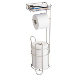 Тримач для туалетного паперу mDesign з полицею, металевий підставник для рулонів у ванну кімнату, матовий сріблястий