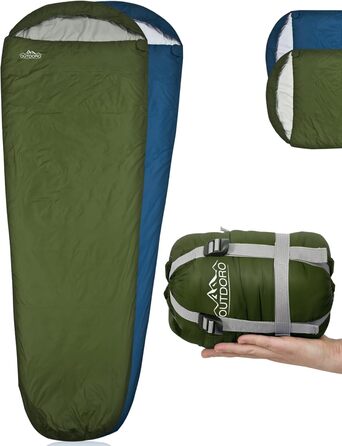 Сплячий мішок Outdoro ultraleichter 800g - легкий, тонкий та теплий. Ідеальний літній спальний мішок, тип мумії для чоловіків, жінок, дорослих. Кольори: блакитний (застібка зліва), зелений (застібка справа)