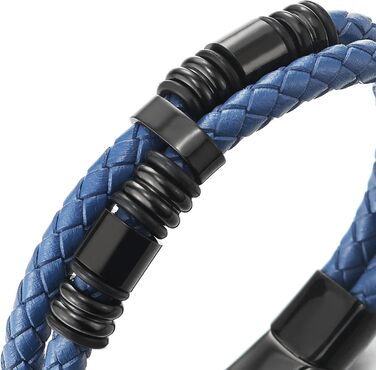 Чоловічий шкіряний браслет COOLSTEELANDBEYOND з плетеною конструкцією та металевими елементами, чорний та синій кольори