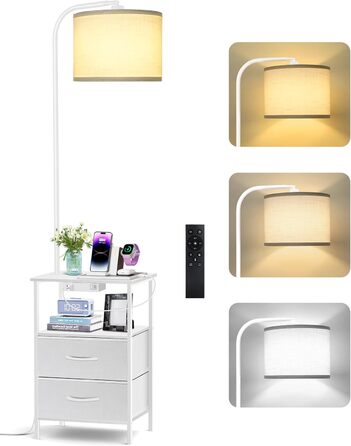 Стійка лампа для вітальні з поличкою та столиком, диммування LED, пульт керування, 3 колірні температури, приліжний столик з підзарядкою, дерев'яний столик для спальні/офісу (білий з шухлядами)