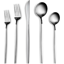 Karaca Orion Platinum 30-Piece Cutlery Set for 6 People, Stainless Steel, 6 Dinner Knives, 6 Soup Spoons, 6 Dinner Forks, 6 Dessert Forks, 6 Teaspoons, Modern Design