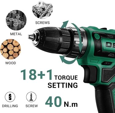 Акумуляторний шуруповерт-дрель DEKOPRO 20V 30 предметів: комплект з аксесуарами, 18+1 режим крутного моменту, ударний шуруповерт 40Nm, з акумулятором та зарядним пристроєм 20V