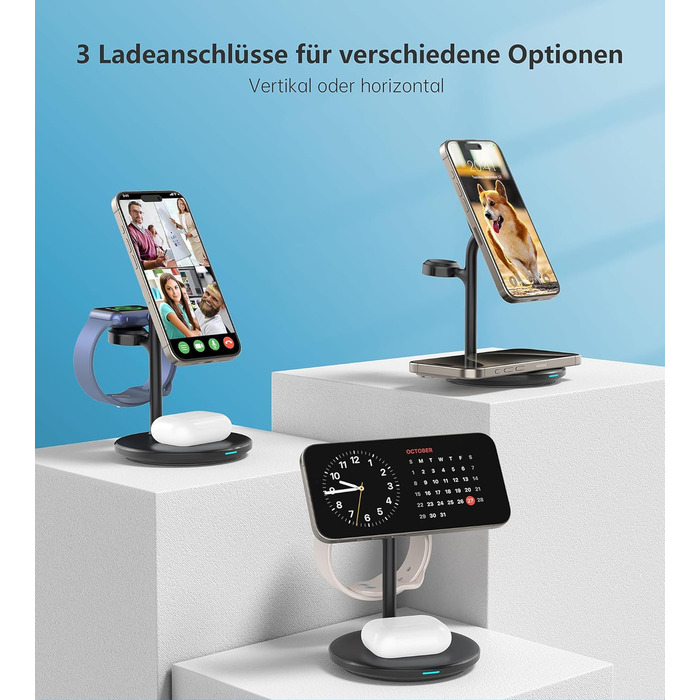 3-в-1 індукційна зарядка для декількох пристроїв, 15W MagSafe зарядка для iPhone 15/14, MagSafe зарядний пристрій для iWatch Ultra 2/1/Series 9/8, AirPods, білий/чорний