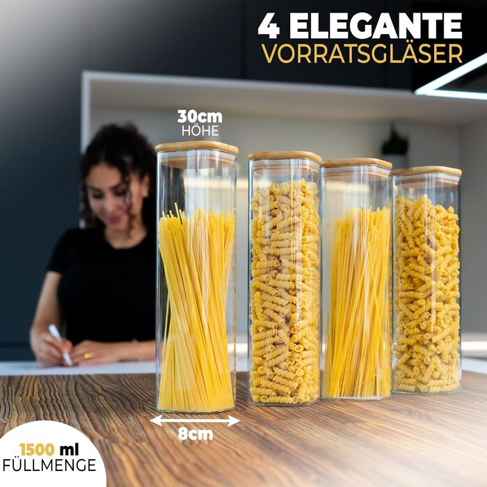 Скляні банки для зберігання з кришкою, кутові - набір 8 шт. - об'єм 5,2 л, посилена скляна тара, герметичні контейнери для продуктів, кухонні органайзери