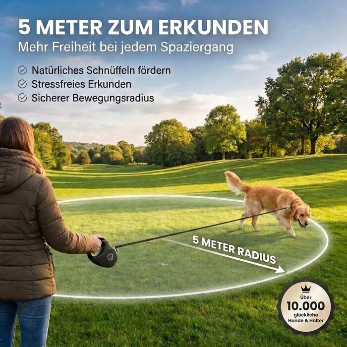 Висувна поводок для собак HUND IST KÖNIG 5м для малих та великих собак | Міцний поводок з комфортною ручкою | Білий | Чорний (M, 5м, до 25кг)