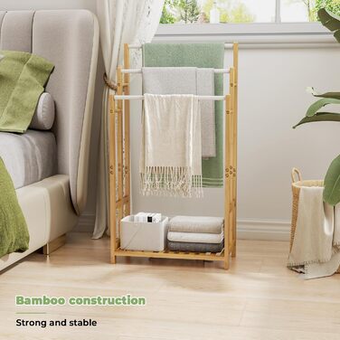 Підставка для рушників Dripex з бамбука, 96 см, з 3 нержавіючими стійками та полицею для ванної кімнати