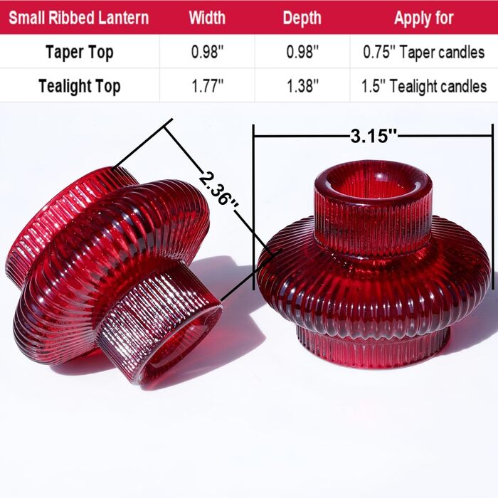 VOHO Candle Holders, Ribbed Glass, Stylish Boho Candle Holders, Stackable and Reversible, for Candle Stands and Votive Candles, e Candle Holders, Table Decoration, Set of 12 (Red/Getaway, Solid (Getaway Solids))