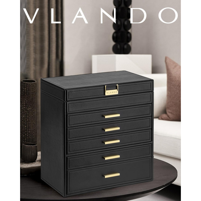 Скринька для прикрас Vlando Modern, велика, 6 ярусів, з дзеркалом та висувними ящиками, для зберігання сережок, кілець та годинників, чорна