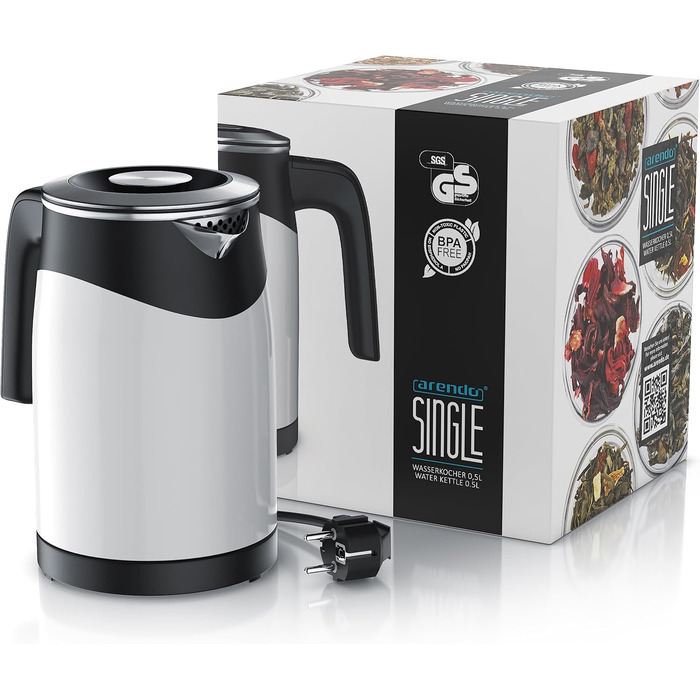 Arendo 0.5L Stainless Steel Kettle with Temperature Setting in Double-Walled Design - 0.5L Water Capacity - 5 Adjustable Temperature Levels - Single Teakettle - Keep-Warm Function - Energy-Saving (A White)
