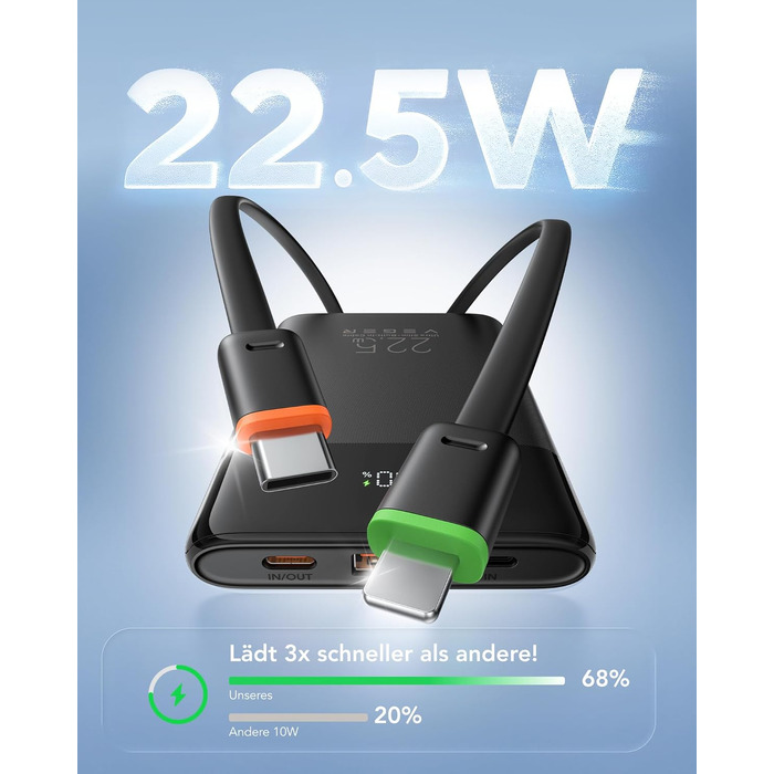 Повербанк VEGER 10000mAh 22.5W з вбудованим кабелем USB-C, швидка зарядка, чорний