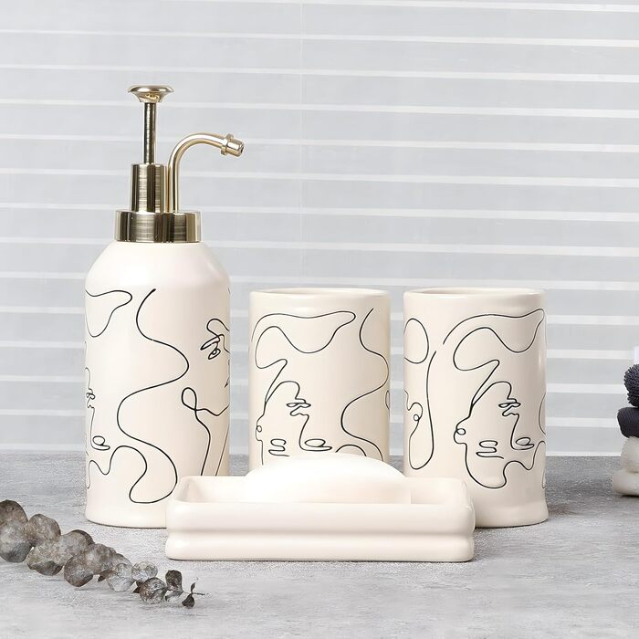 4-Piece Ceramic Bathroom Set, Artistic Line Face Bathroom Accessories Set with Soap Dispenser, Toothbrush Holder, Cup, Soap Dish, Abstract Bathroom Set for Decor, Cream