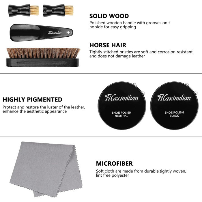 MAXIMILIAN shoe shine kits for leather, shoe care set with black and colorless shoe cream, 2 applicator brushes, soft horsehair brushes, shoehorn, cloth