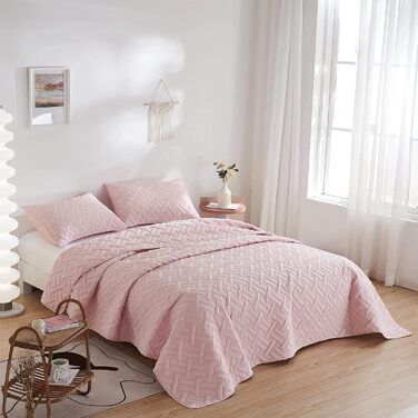 Beeweed Bedspread Throw 220x240cm Pink, Bedspreads made of Microfiber, Quilted Throw Bedspread Cover Lightweight, Stepped Quilt sewn by Ultrasound with 2 Pillowcases, Basket Pattern Pink 220 x 240 cm
