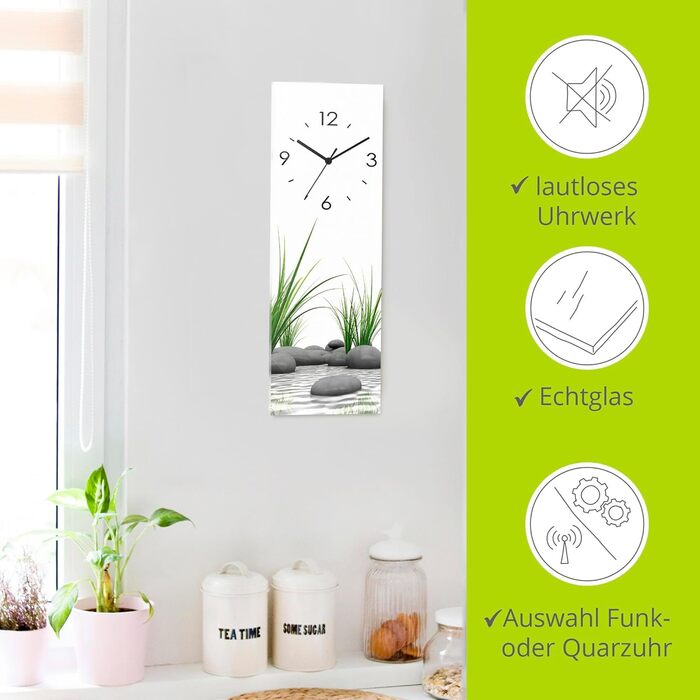 ARTLAND Wall Decoration Wall Clock No Ticking Sounds Glass Radio Clock 20x60 cm Rectangular Silent Natural Design Zen Spa Stones Asian Modern T6CD
