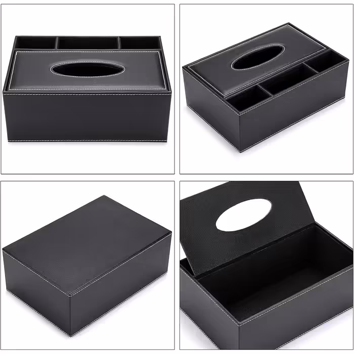BSTKEY PU Leather Household Office Rectangular Tissue Box with Remote Storage Box - Elegant and stylish tissue holder for home desk storage box, Black