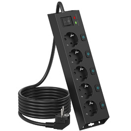 Мережевий фільтр Steckdoseleiste 5-fach з вимикачами, захистом від перенапруги 1050J, для дому та офісу, 2м кабель (чорний)