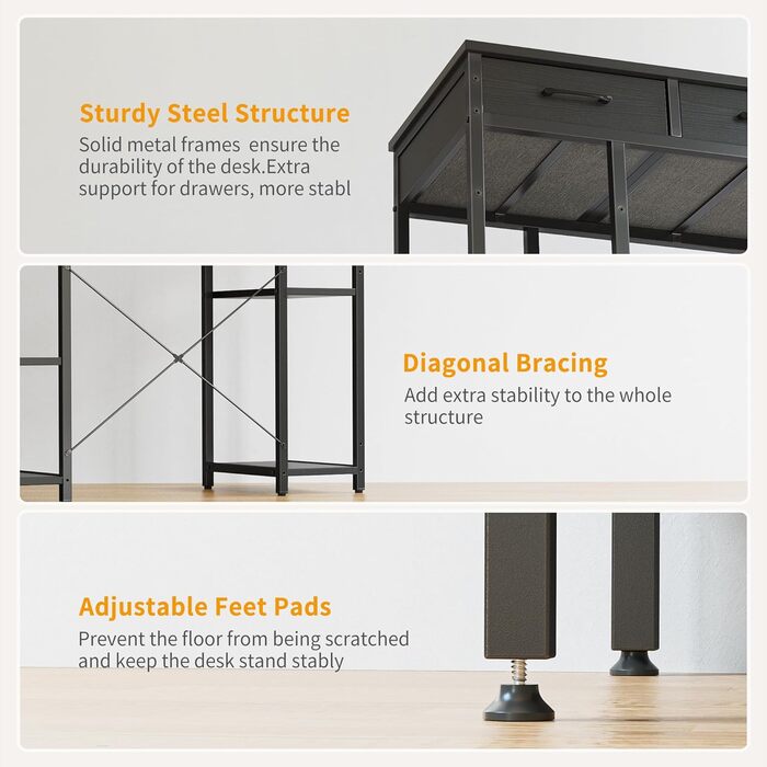 CubiCubi 120x50cm Desk with 3 Drawers & 4 Shelves - Home Office, Computer & Gaming Desk - Black