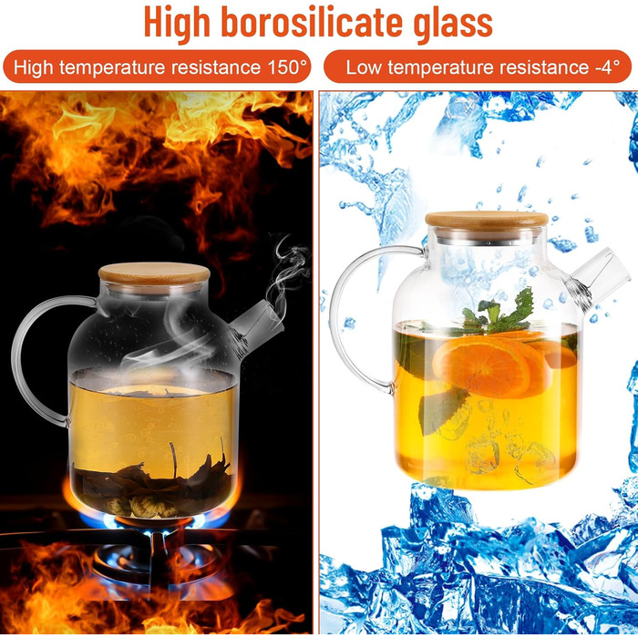 Чайник зі скла 1,8л з дерев'яним кришкою, з ситечком. Скляний чайник з боросилікатного скла, стійкий до високих та низьких температур, безпечний. Підходить для чаю, трав'яного чаю та фруктових напоїв.