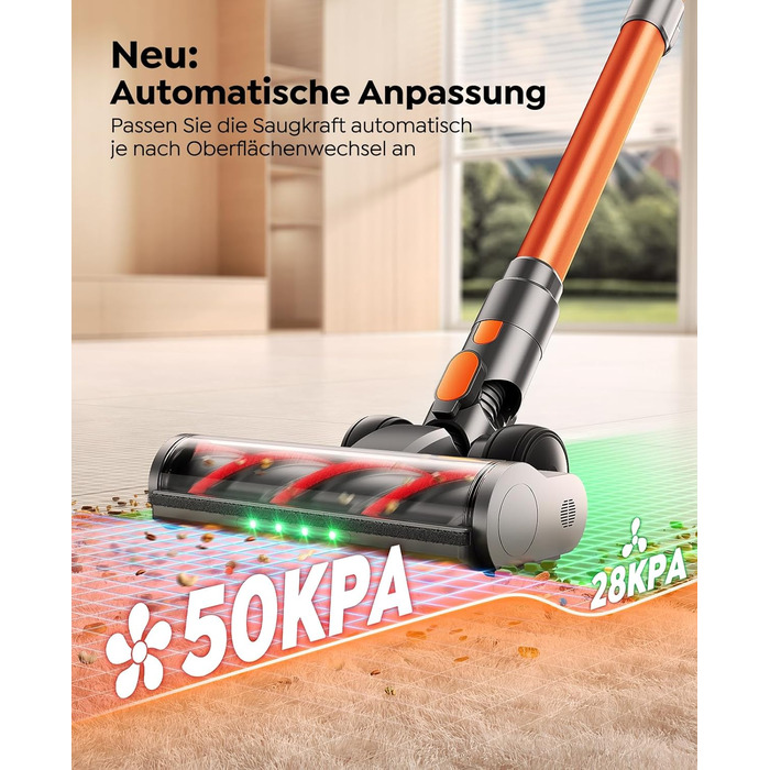 Бездротовий пилосос Fieety з акумулятором, 600W, 50kPa, 65 хв роботи, док-станція на стіні, ароматерапія, автоматичний режим, сенсорний дисплей, висувний шланг 1 м для твердих поверхонь, килимів, шерсті тварин та авто