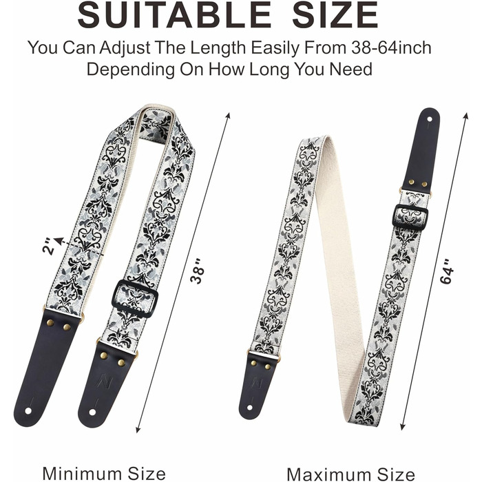 Гітарний ремінь Vintage з вишивкою з бавовни з кінцями з натуральної шкіри для бас-гітари, електро- та акустичної гітари, з безкоштовними кнопками для ремінця, 1 пара замків для ремінця та 4 медіатори D# - Біла квітка