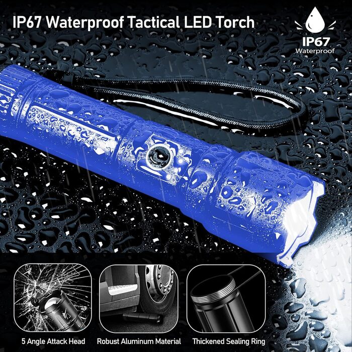 Ліхтарик Blukar LED акумуляторний, надзвичайно яскравий, з регулюванням фокусу, 5 режимів, водонепроникний IP67, для кемпінгу, туризму, риболовлі та надзвичайних ситуацій (Блакитний)