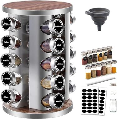 Spice Rack with 20 Spice Jars, 360° Rotatable, Stainless Steel Spice Carousel (430) with Sieve Lids, Standing Spice Rack - Includes Labels, Pen & Funnel - Wood-Look, Food-Safe, Dustproof