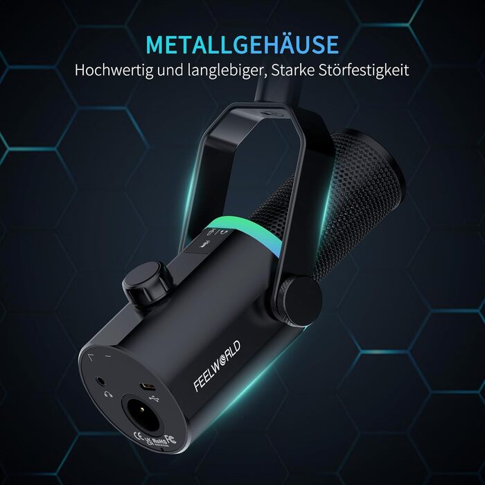 Мікрофон FEELWORLD PM1 XLR/USB з RGB-підсвічуванням для запису подкастів, геймінгу та YouTube. З підсвічуванням RGB, регулятором гучності та навушником.