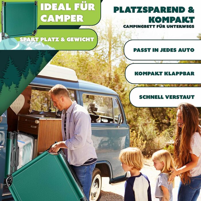 Ліжко похідне KESSER® складане з преміум-подушкою 190x68x30 см, до 250 кг, зелено-бежеве. З кишенею, підсклянником, для кемпінгу, гостей, в приміщенні/на вулиці