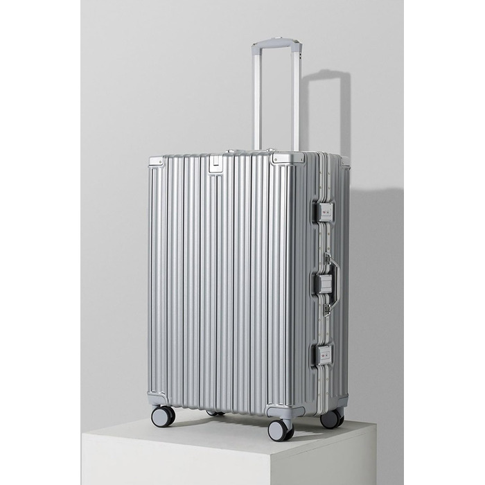 Валіза Aoliwei середнього розміру M (67 см) з алюмінієвим каркасом, полікарбонат, 65Л, з підстаканником та TSA-замком, срібляста