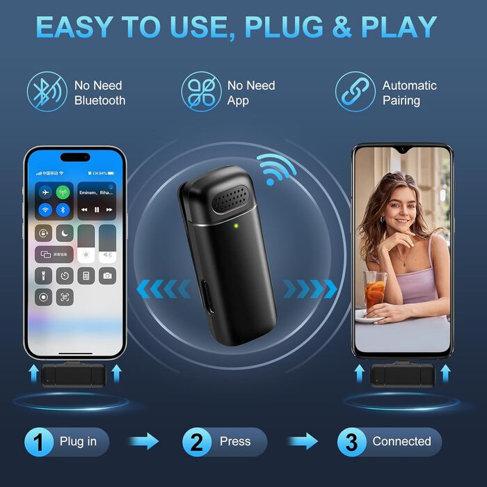 Камерний мікрофон бездротовий для iPhone/Android/Laptop, Mini мікрофон, професійний Dual USB-C, для відеозапису, стрімінгу, Vlog, YouTube, TikTok