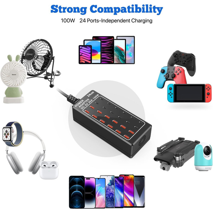 Зарядний пристрій USB-C на 24 порти 100W/20A, настільна USB-станція для iPhone, Samsung, Google, планшетів та ін.