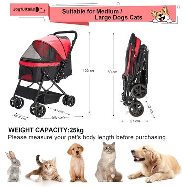 Складаний візок для собак, переноска для тварин до 20 кг, візок-роадстер для собак та котів (червоний)