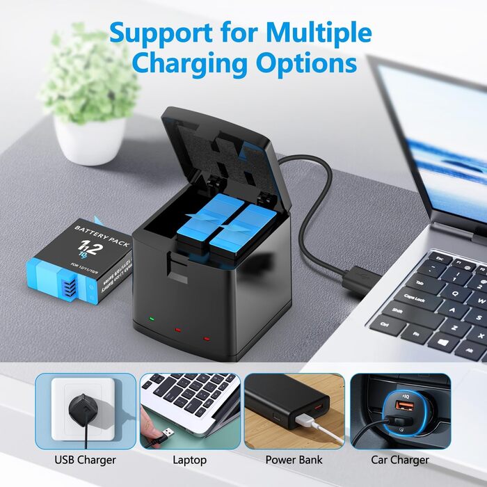 Зарядний пристрій Melasta для GoPro Hero 12/11/10/9 серії (3 акумулятори + 1 зарядний пристрій)