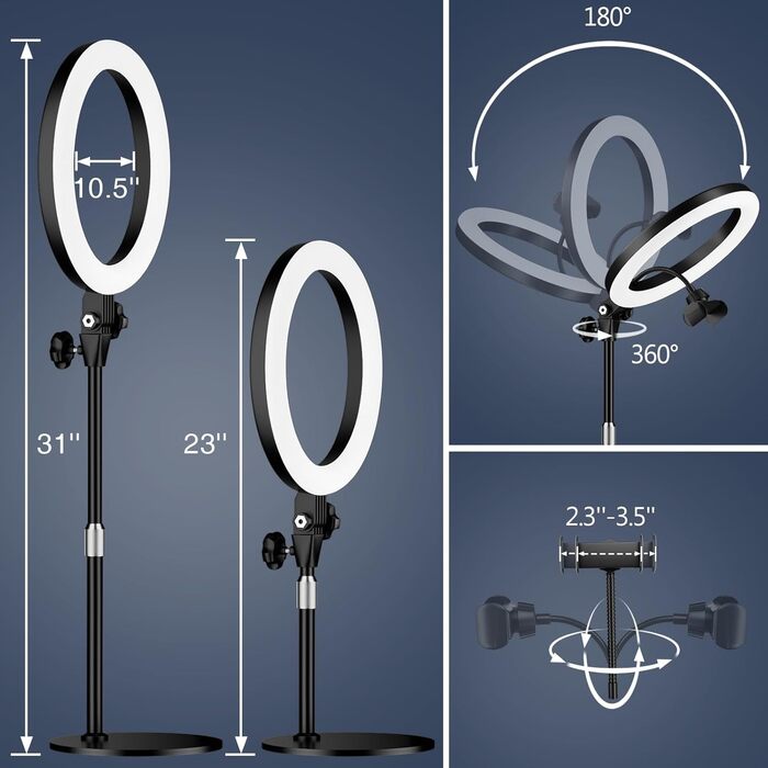 Кільцеве світло 10.5” з штативом, LED, 3 кольори + 10 рівнів яскравості для селфі, відеоконференцій, YouTube, TikTok, макіяжу, ноутбука, чорний
