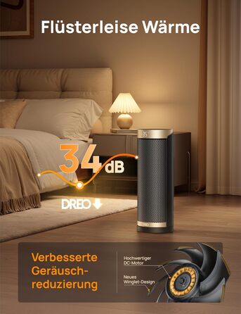 Електричний обігрівач Dreo 2000W з термостатом та Wi-Fi, 16 дюймів, 3 режими, 3 швидкості, 12h таймер, для спальні, золотий
