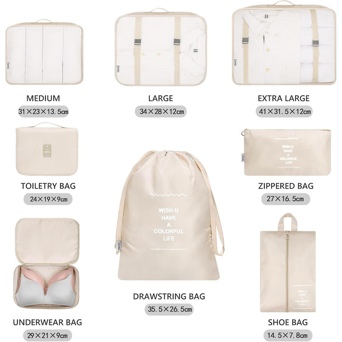 Набір органайзерів для валізи MURISE (8/6 шт.) - кубики для пакування, система організації подорожей, бежевий колір