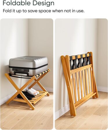 Fully assembled bamboo luggage rack with 5 straps, 2-tier foldable suitcase stand, wide wooden luggage rack, foldable luggage shelves, ideal for guest rooms, bedrooms, hotels