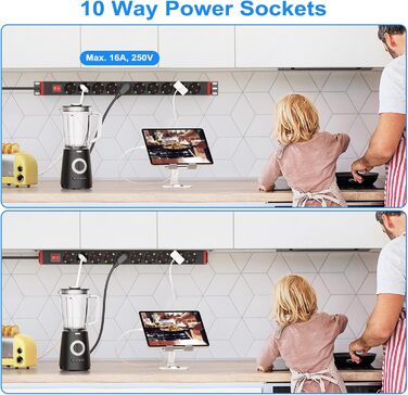 Мережевий фільтр 10 розеток з захистом від перенапруги, з вимикачем та поворотними кріпленнями, чорний, металевий корпус