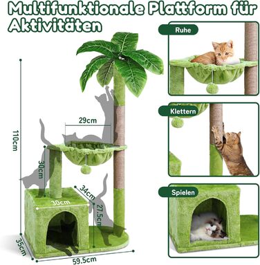 Zonema Kratzbaum-Kratzstamm Scratching Post with 80 cm Scratching Column for Small and Large Cats, Sisal Rope Cat Scratching Post with 1 Interactive Ball, Scratching Pole Cat Furniture, For Indoor Activity, Play (Cat Tree 110 cm tall, Green)