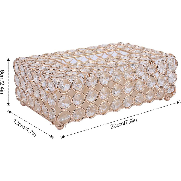 Crystal Cosmetic Box 20 × 13 × 6 cm Rectangular Gold Decorative Tissue Box, Metal Rhinestones Glitter Cosmetic Tissues Desktop Tissue Box for Bedroom Bathroom Living Room