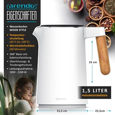 Arendo - Stainless Steel Kettle with Temperature Setting - 45°C-100°C - 1.5 Liter - Double-Walled - BPA Free - Keep Warm Function - Tea Kettle with Temperature Indicator - Cool Touch Handle - Matte White